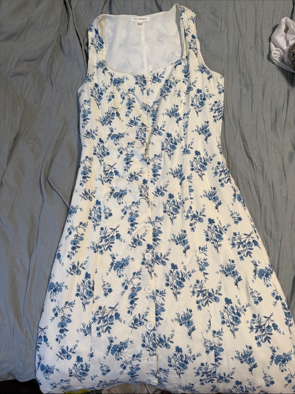 Blue Floral White Midi Dress with Buttons